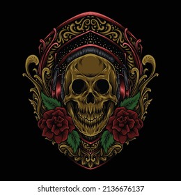 artwork illustration and t shirt design skeleton skull and rose engraving ornament