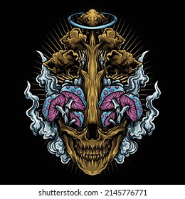 artwork illustration   t shirt design skull mushroom   tree