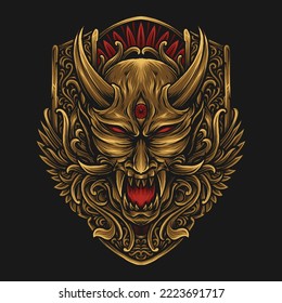 artwork illustration and t shirt design oni mask engraving ornament