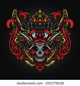 artwork illustration and t-shirt design balinese barong and skull engraving ornament