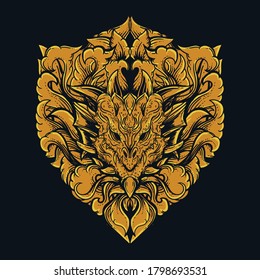 artwork illustration and t-shirt design black and white hand drawn dragon head with golden engraving ornament  premium vector