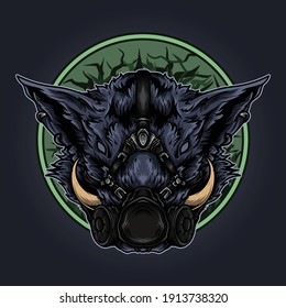 artwork illustration and t-shirt design boar with gas mask