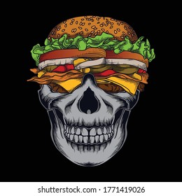 artwork illustration and t-shirt design burger skull premium vector