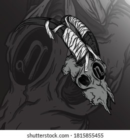 artwork illustration and t-shirt design capricorn skull zodiac camera premium vector