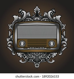 artwork  illustration and t-shirt design classic radio engraving ornament premium vector