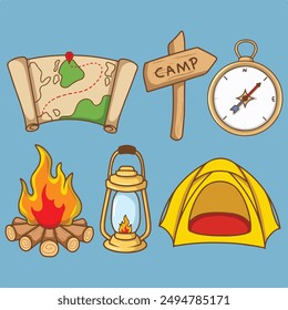 artwork illustration and T-shirt design compass campfire map and camping tent bundle vector	