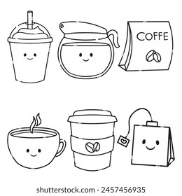 artwork illustration and T-shirt design cute coffee character line art bundle vector