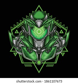 artwork illustration and t-shirt design cyclops robot head with sacred geometry premium vector