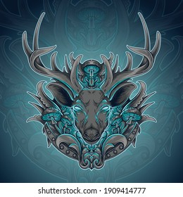 artwork illustration and t-shirt design deer and mushroom engraving ornament premium vector