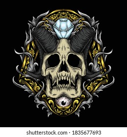 artwork illustration and t-shirt design devil skull engraved ornament premium vector