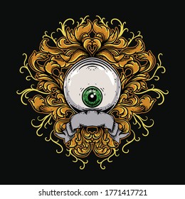 artwork illustration and t-shirt design eye ball in engraving ornament premium vector