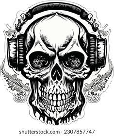 Artwork illustration and t-shirt design funny skull engraving ornament, white background
