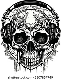 Artwork illustration and t-shirt design funny skull engraving ornament, white background

