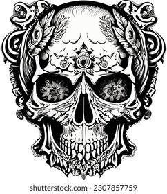 Artwork illustration and t-shirt design funny skull engraving ornament, white background
