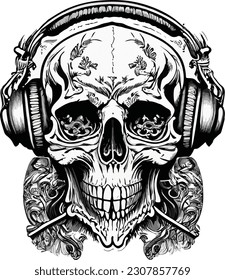 Artwork illustration and t-shirt design funny skull engraving ornament, white background
