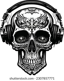 Artwork illustration and t-shirt design funny skull engraving ornament, white background
