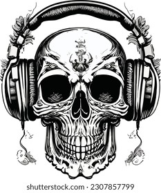 Artwork illustration and t-shirt design funny skull engraving ornament, white background
