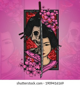 artwork illustration and t-shirt design geisha skull engraving ornament premium vector