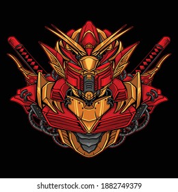 artwork illustration and t-shirt design gold and red  mecha robot premium vector