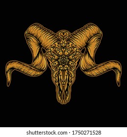 artwork illustration and t-shirt design golden goat skull premium vector