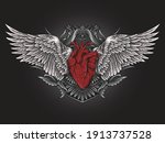 artwork illustration and t-shirt design heart with angel wing engraving ornament