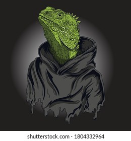 artwork illustration and t-shirt design iguana with hoodie premium vector