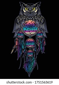 artwork illustration and t-shirt design  owl  with dream catcher ornament premium vector