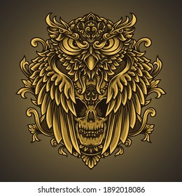 artwork  illustration and t-shirt design owl and skull engraving ornament  premium vector