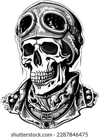 Artwork illustration and t-shirt design Pilot skull engraving ornament, white background
