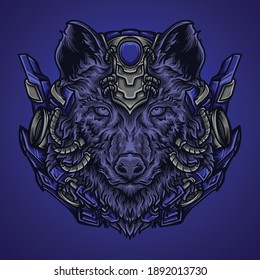 artwork  illustration and t-shirt design robot wolf head premium vector