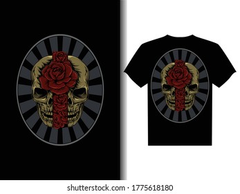 artwork illustration and t-shirt design rose in human skull premium vector