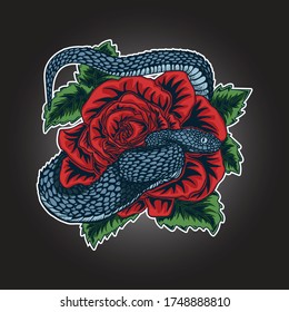 Artwork Illustration And T-shirt Design Roses And Viper Snake Premium Vector 