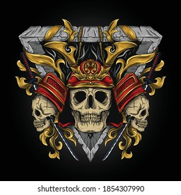 artwork illustration and t-shirt design samurai skull engraving ornament premium vector