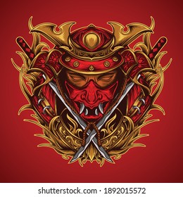 artwork  illustration and t-shirt design samurai head with katana premium vector