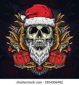 Artwork Illustration And T-shirt Design Santa Claus  Skull Engraving Ornament Premium Vector