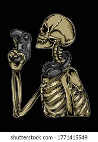 artwork illustration and t-shirt design skeleton gamer vector