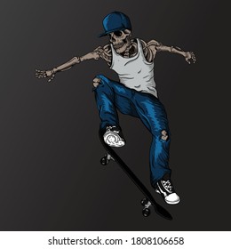 artwork illustration and t-shirt design skeleton skateboarder  premium vector