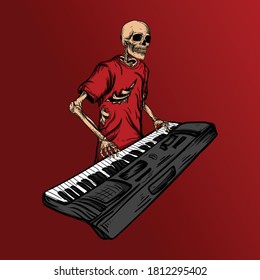 artwork illustration and t-shirt design skeleton keyboardist premium vector