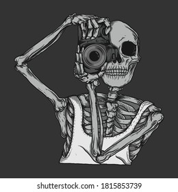 artwork illustration and t-shirt design skeleton with camera premium vector