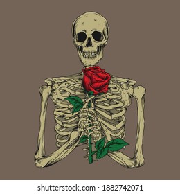 artwork illustration and t-shirt design skeleton with rose premium vector