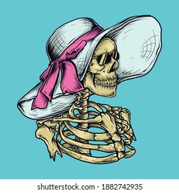 artwork illustration and t-shirt design skeleton with beach hat premium vector