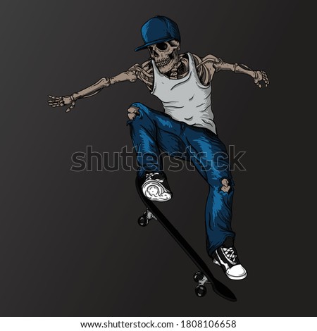 artwork illustration and t-shirt design skeleton skateboarder  premium vector