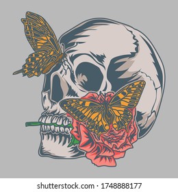 artwork illustration and t-shirt design skull with rose and butterfly premium vector