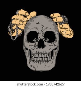 artwork illustration and t-shirt design skull with hand of wizard  premium vector