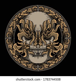 artwork illustration and t-shirt design skull in circle engraving ornament premium vector