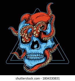 artwork illustration and t-shirt design skull with octopus and triangle premium vector