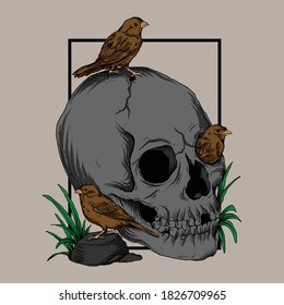 artwork illustration and t-shirt design skull and bird premium vector