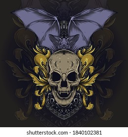 artwork illustration and t-shirt design skull and bat engraving ornament