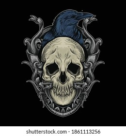 artwork illustration and t-shirt design skull and crow engraving ornament premium vector