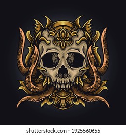 artwork illustration and t-shirt design skull octopus engraving ornament 